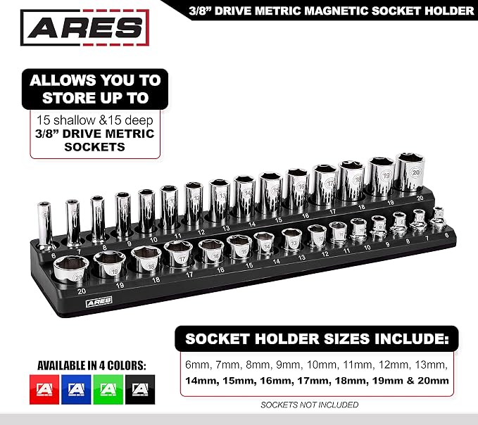 ARES 70235 30-Pc 3/8-In Metric Magnetic Socket Organizer | Part No. 70235; Securely Holds 15 Standard and 15 Deep Size Sockets in Place