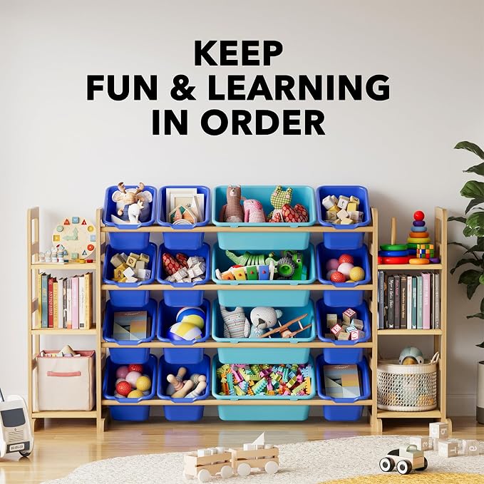Modern 6-Shelf Toy Organizer with 16 Removable Bins for Kids Room Decor and Playroom Storage by SpaceAid