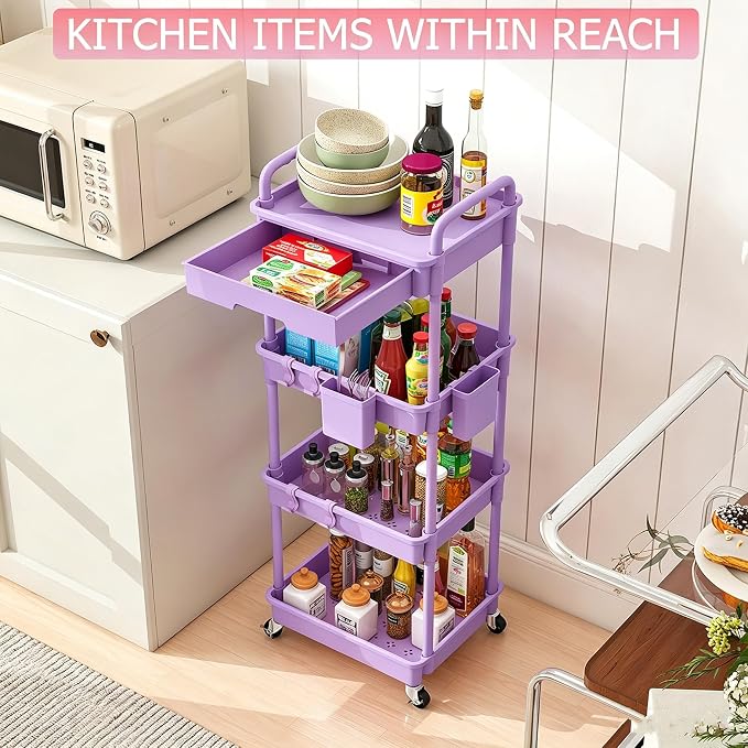 REBECAT 4 Tier Rolling Cart with Drawer, Utility Storage Cart on Wheels for Kitchen, Bathroom, Living Room,Office(Purple)