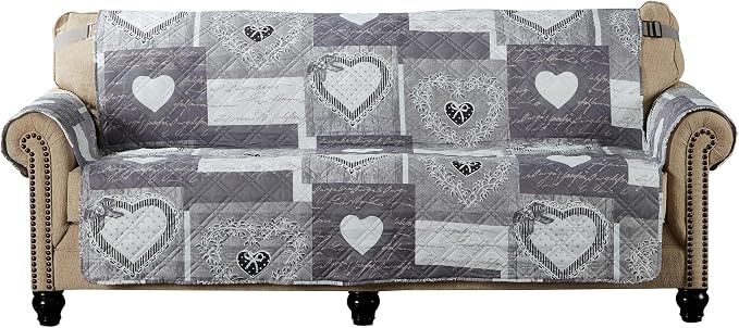 Brilliant Sunshine Grey Heart Love Patchwork Couch Cover, 78" seat | Quilted Sofa Cover, Living Room & Bedroom Furniture Protector, Extra Large Washable Slipcover for Pets, Dogs & Cats