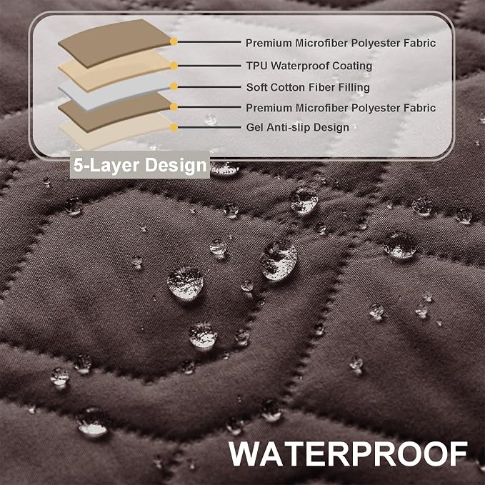 Recliner Armrest Cover with Headrest, Chair Armrest Slipcover with Side Pockets, Water-Resistant, Non Slip Furniture Protector for Pets (Brown,3 Seater 5PCS)