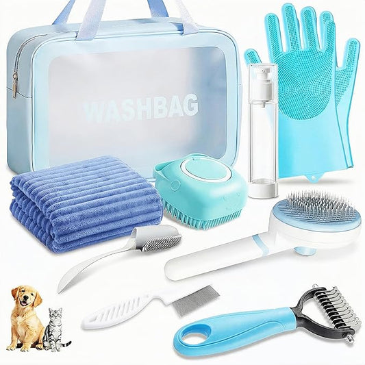 9PCS Dog Bath Kit & Dog Brush Kit - Professional Pet Grooming Tools Set for Dogs & Cats, Includes Shedding Brush, Bath Scrubber & Dematting Combs - Complete Dog Washing Essentials Blue