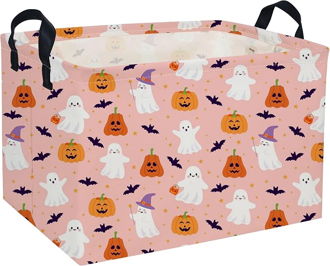 Rectangle Kids Baskets Hallowee Basket Pink Storage Bin Fish Box for Room Decor Gift Basket(Pink ghost)
