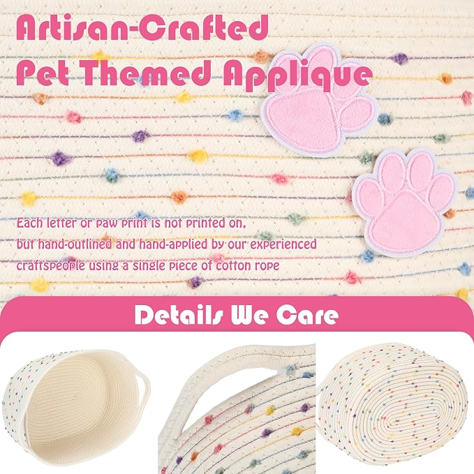 Sea Team Pet Toy Basket with Handles for Cats and Dogs, Rainbow Paw | Large Cotton Rope Storage Bin, Shelf Basket, Organizer for Pet Chew Toys, Foods, 16.5 x 11 x 7 Inches, 4.4 Gallons