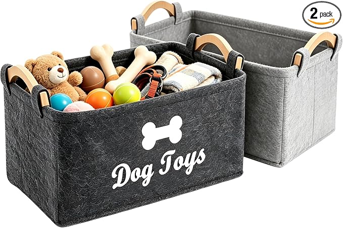 Dog Toy Storage Basket, Felt Pet Toy Organizer with Wooden Handles, Collapsible Pet Supplies Storage Bin for Dog Cat Toys, Treats, Accessories, Home Office Closet Organizer (Dark+Light Gray)