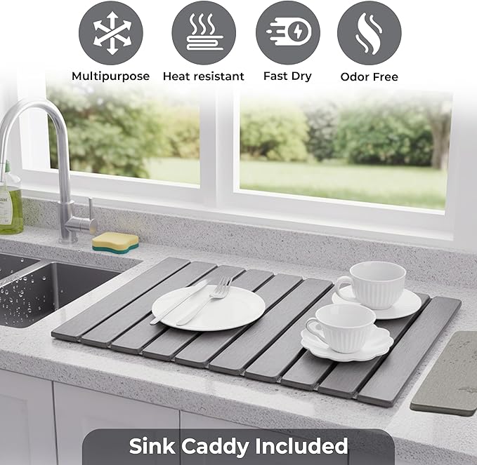 Large Stone Dish Drying Mat for Kitchen Counter,Natural Quick Dry Stone Dishes Mats,Foldable Water Absorbing Diatomaceous Earth Drying Organizer Pad for Kitchen Utensils(Light Gray 24"×16" & 8"x4")
