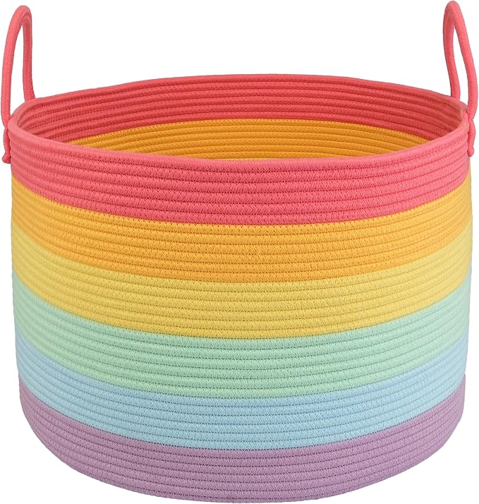 XUANGUO 66L Large Blanket Basket, Round Cotton Rope Basket, Rainbow | 20" x 13" Laundry Basket with Sturdy Handles for Blankets, Pillows and Toys; Storage for Living Room, Bedroom and Nursery