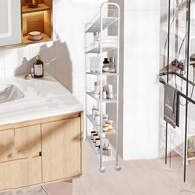 6in 6 Tier Slim Storage Cart with Wheels,Narrow Space Rolling Shelving Unit with Handle, Metal Wire Mobile Organizer Rack for Kitchen Bathroom Office Laundry