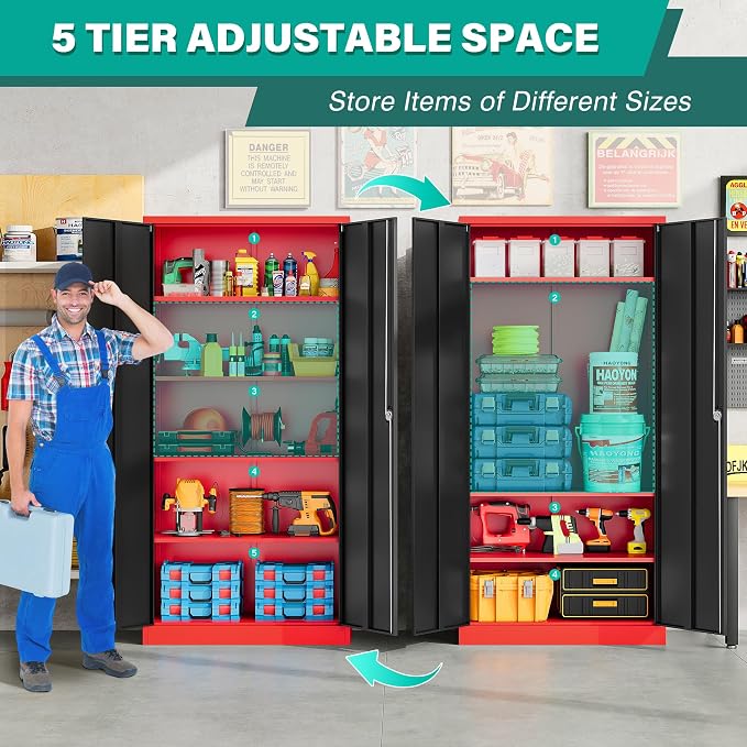 Wide & Deep Metal Storage Cabinet with Lock & Adjustable Shelves,72" Red Black Garage Storage Cabinet with Locking Doors,Lockable Cabinets for Home,Office,Shop,Garage,Basement 72x36x18