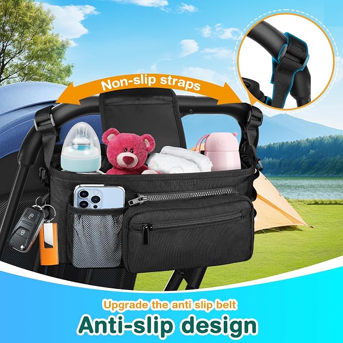 Kinembold Universal Stroller Organizer with Cup Holder Detachable Phone Bag and Shoulder Strap, Stroller Caddy Fits for Stroller Like Uppababy, Baby Jogger, Doona, Nuna, BOB, and Pet Stroller