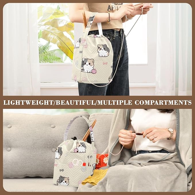 Tatenale Crochet Bag Yarn Bag Knitting Project Bag with Pockets and Handle Portable Yarn Storage Organizer Tangle Free 8.3x11 Inch Cats Cute
