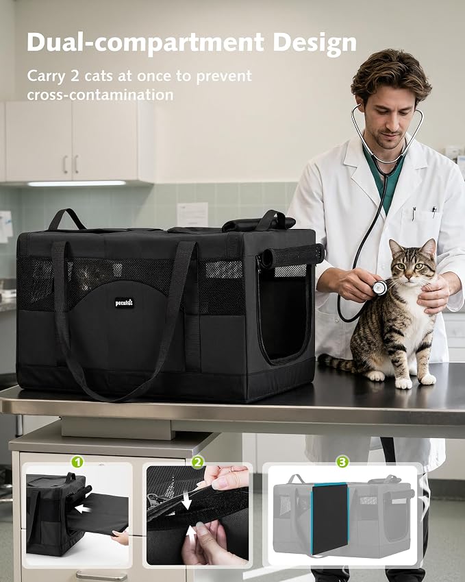 Pecute Cat Carrier, Soft Double Pet Crate for 2 Cats Travel, Dark Gray | Anti-Collapse Steel Frame, Convertible Dual Space, Foldable, Polyester Breathable mesh, Up to 26 lbs, Car Travel & Vet Visits