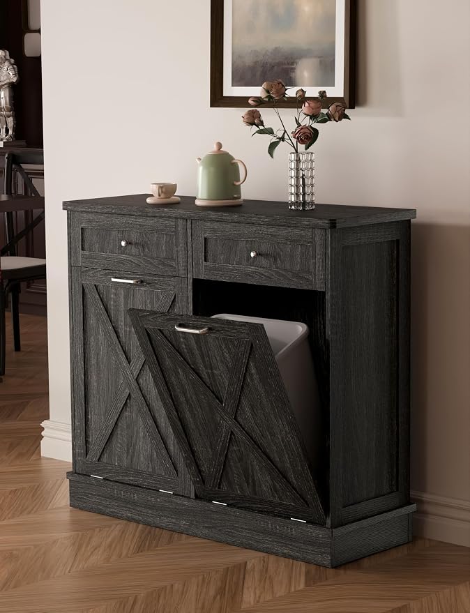 TOLEAD Double Tilt Out Trash Can Cabinet 2 x 10 Gallon Wooden Hidden Trash Cabinet with Barn Door & Solid Wood Top, Farmhouse Kitchen Garbage Bin Enclosure, Pet Proof Odor Blocking for Kitchen, Grey