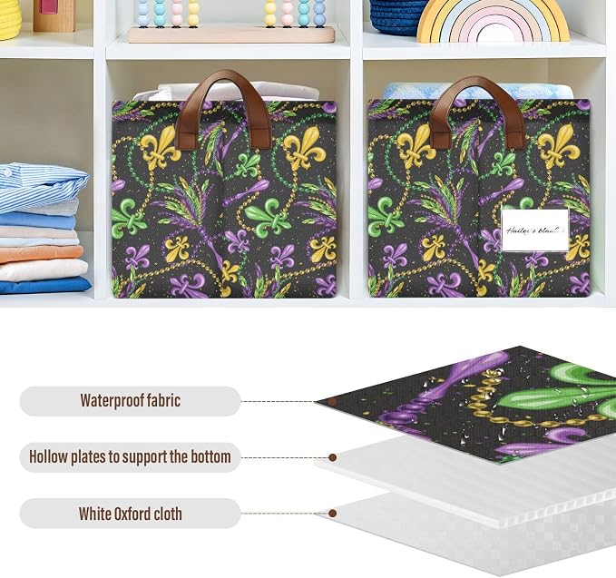 Mardi Gras Fleur De Lis Beads Gold Purple Storage Basket Foldable Cube Storage Bins with Handles&Label Holiday Empty Gift Box Collapsible Organizer Bin Large Decorative Baskets for Shelves Home, 2 PC