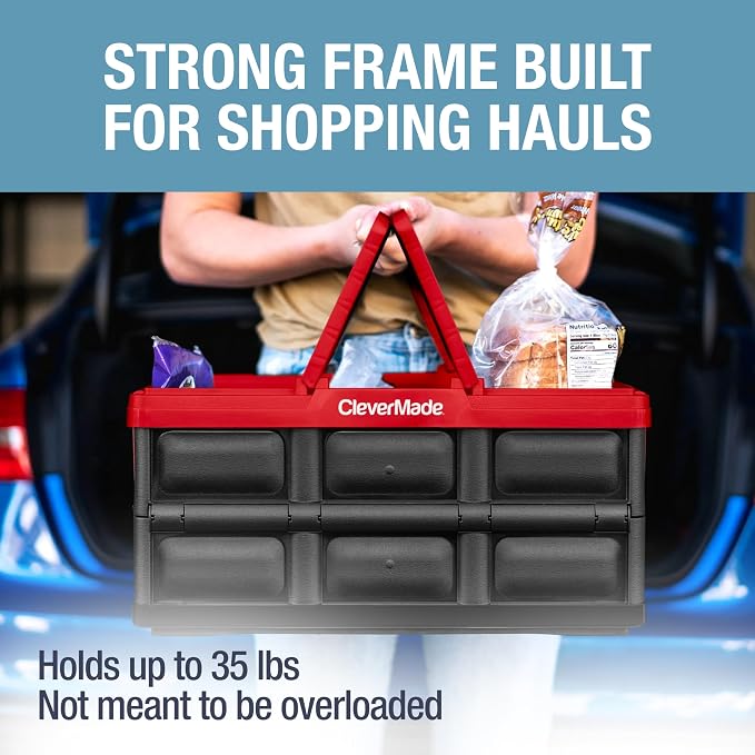 CleverMade Collapsible Shopping Basket, 32L Storage Crate, 1 Pack, Red | Carry Bigger Grocery Hauls with Confidence | Rigid Walls Hold 35 lb, While Top and Side Handles Balance the Load