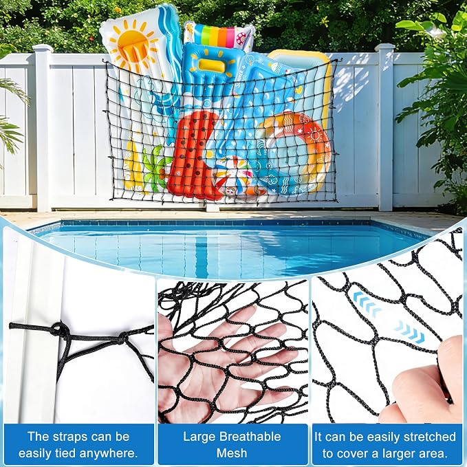 79" * 47" Pool Float Toy Storage Net, 2Pcs Extra Large Hanging Elastic Mesh Pool Storage with 20 Hooks & 200 Ties, Swimming Poolside Fence Toys Holder for Floats, Balls, Water Inflatable Toys Rafts