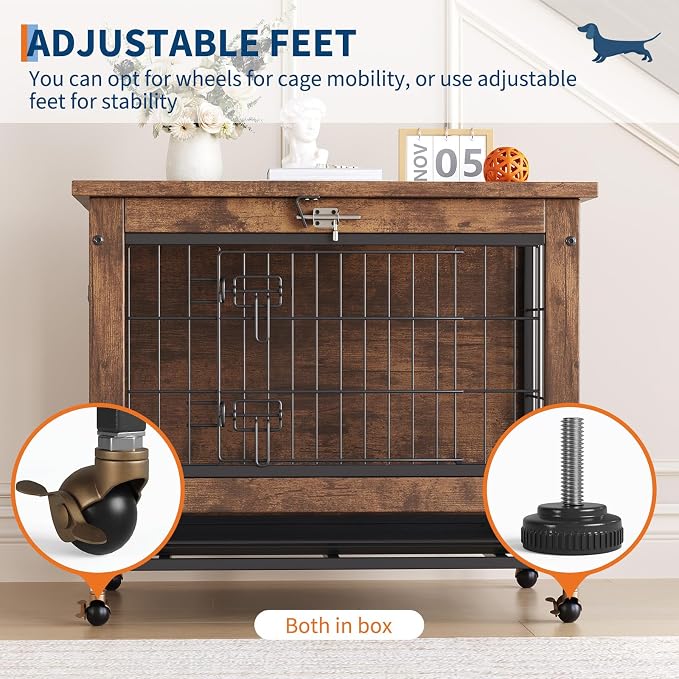 Rustic Brown with Dog Crate Furniture with Wheels, Easy Mobility & Secure Placement, Dual Doors & Top-Opening Access, Cleaning & Comfort, Multi-Functional & Space-Saving Design