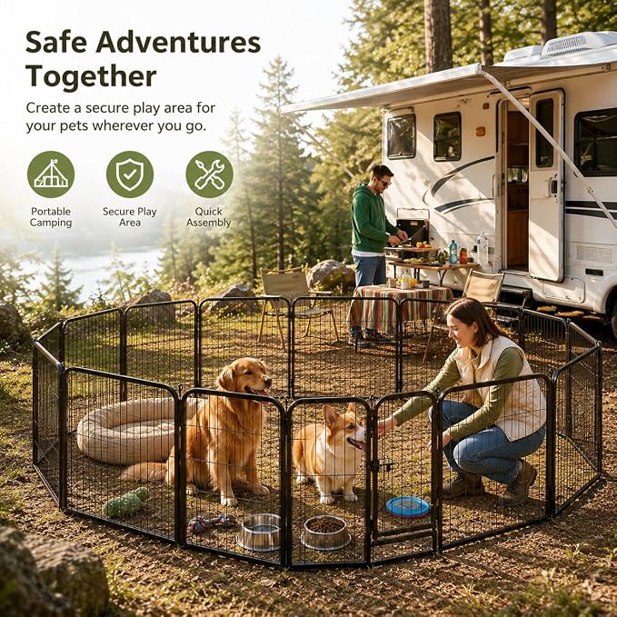 Metal Dog Playpen - 24" Height 16 Panels Foldable Exercise Pen for Dogs Indoor/Outdoor Pen with Door for Puppy Portable Pet Playpen Polygon Dog Enclosure (Black)
