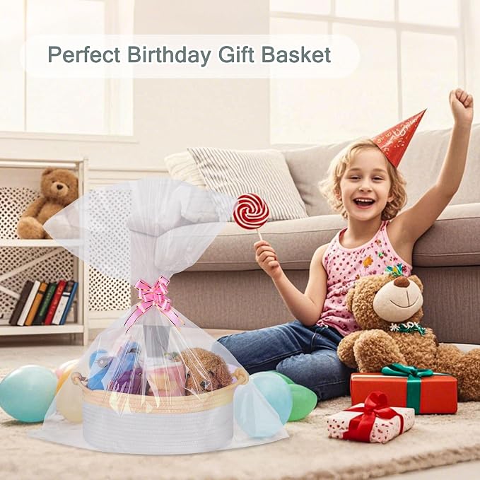 COMSE Small Gift Basket Empty with Bag & Ribbons, Beige & White | Cotton Rope, 12"x 8"x 5", Pet Toy Storage Organizer, Woven Basket for Birthdays, Baby Showers, Mother’s Day, Valentine’s Day