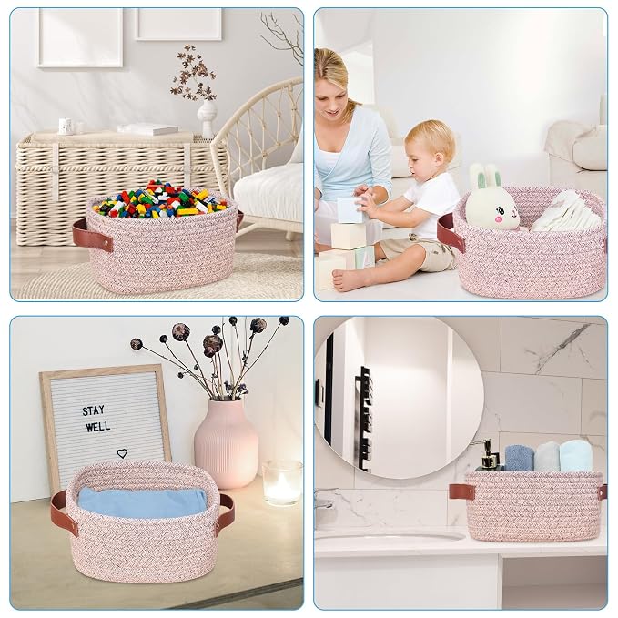 ABenkle Small Storage Basket, Mini Baskets with Handle, Cute Cotton Woven Baskets for Shelves, Boho Decorative Toy Storage Bin for Nursery, Spa, Empty Gift Basket - XS, Mixed Brown