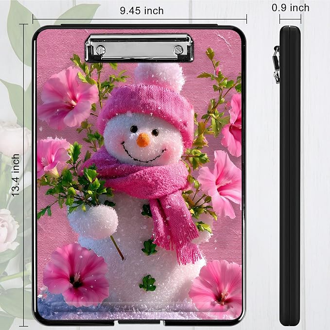 Heavy Duty Storage Clipboard, Slim Nursing Clipboard with Internal Pen Case, Portable File Organizer Case for A4 Letter Size Paper Office Medical Professionals, Pink Flower Snowman