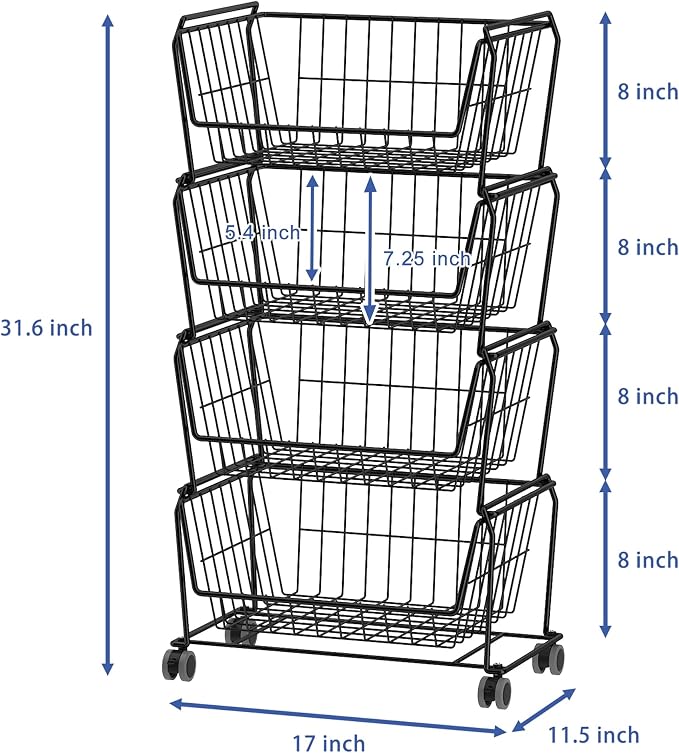 PUSDON 4-Tier Spacious Stackable Wire Storage Baskets with Wheels, Metal Rolling Utility Cart, Produce Basket for Pantry, Bathroom Organizer Shelf, Matte Black