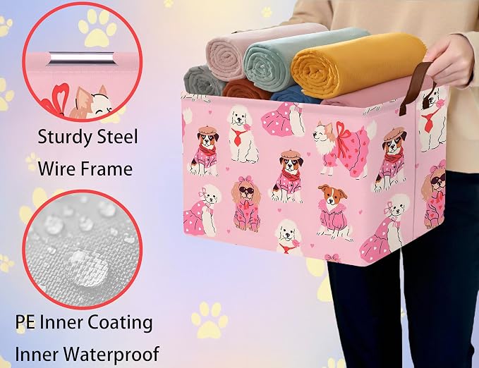Pink Dog Toy Basket Collapsible Puppy Bin Storage Organizer Large Pet Box With Handles (Girl Dog)