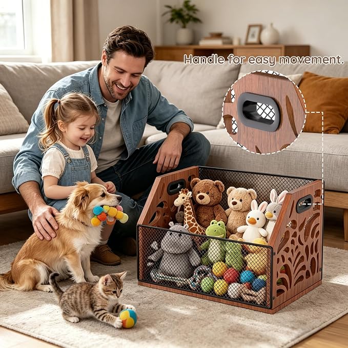 Dog Toy Basket, Chew-Proof Dog Toy Box, Wooden Pet Toy Storage | Spacious Toy Storage Bin for Pet Toys, Treats & Home Supplies, Toy Box for Living Room