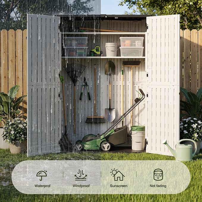65 Cu.Ft Resin Outdoor Storage Shed with 2 Shelves & Floor, Weatherproof Plastic Vertical Outdoor Storage Cabinet for Garden Backyard Patio Pool Tool