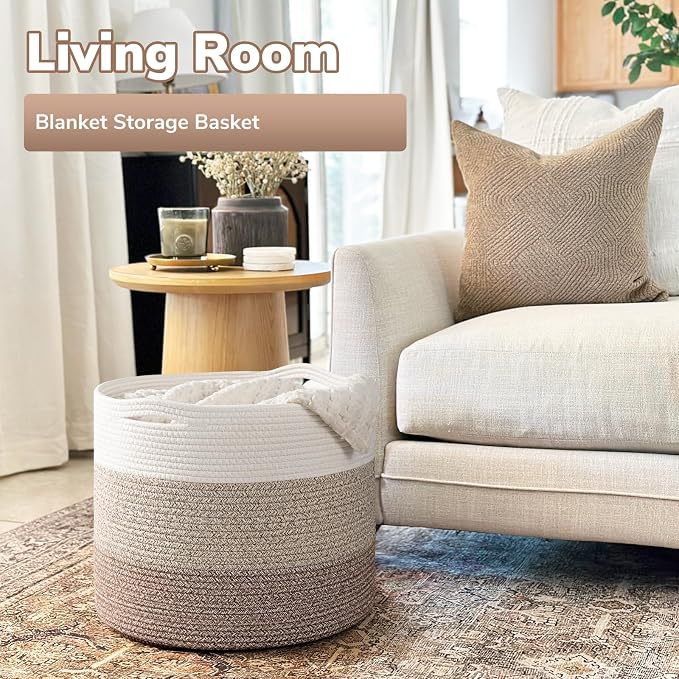Goodpick Woven Basket for Blankets & Toys, Nursery & Living Room Decor, 45L | 15.8 x 15.8 x 13.8 In Baby Toy Storage Basket for Nursery, Blanket Basket for Living Room, Light & Brown