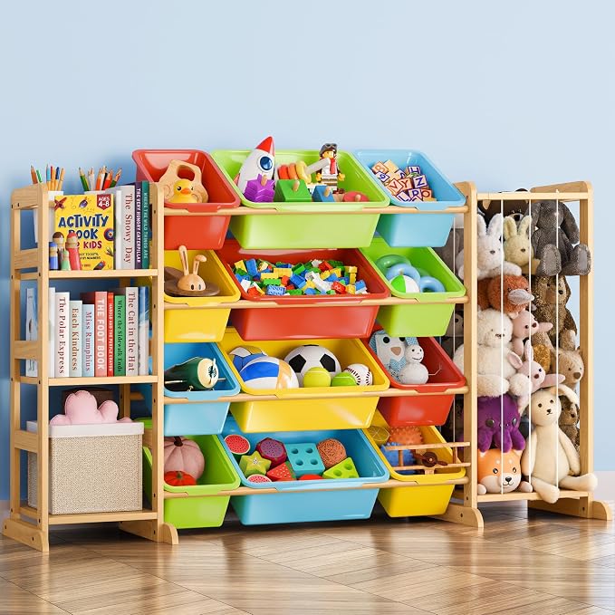 mirolam Toy Storage Organizer with Bookshelf and Stuffed Animal Storage - Playroom Organization with Shelves and 12 Bins - Living Room Box for Lego - Bedroom Decor Essential