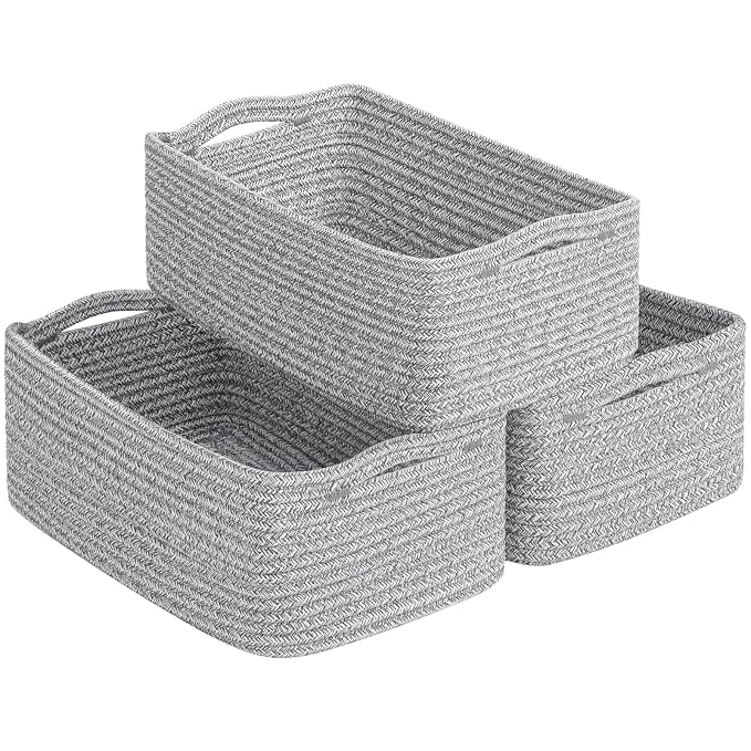 Goodpick 3-Pack Woven Baskets for Closet & Shelves, 11 x 7 x 4.5 in | Woven Baskets for Towels Fit Bedroom Lving Room, Small Baskets for Gift Empty, Dog Toy Basket for Pet, White & Gray