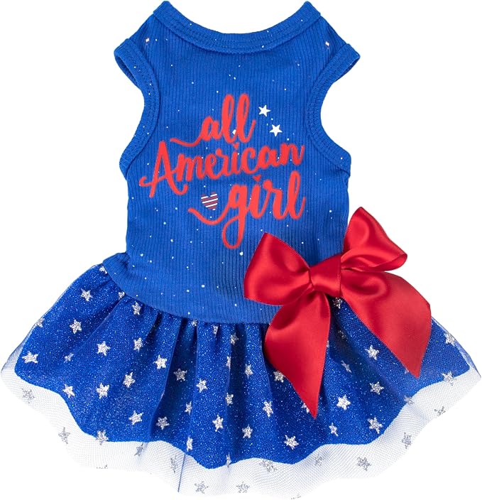 Fitwarm All American Girl Dog Dress, 4th of July Dog Clothes for Small Dogs Girl, Patriotic Dog Tulle Dress, Pet Outfit, Royal Blue, Red, White, XS