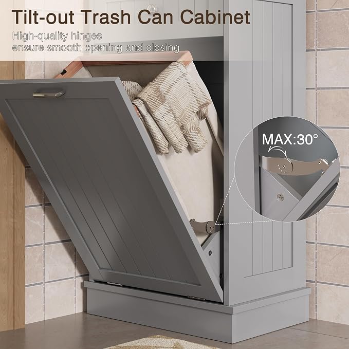 KIGOTY Tilt Out Trash Can Cabinet, Laundry Hamper Cabinet, Kitchen, Gray