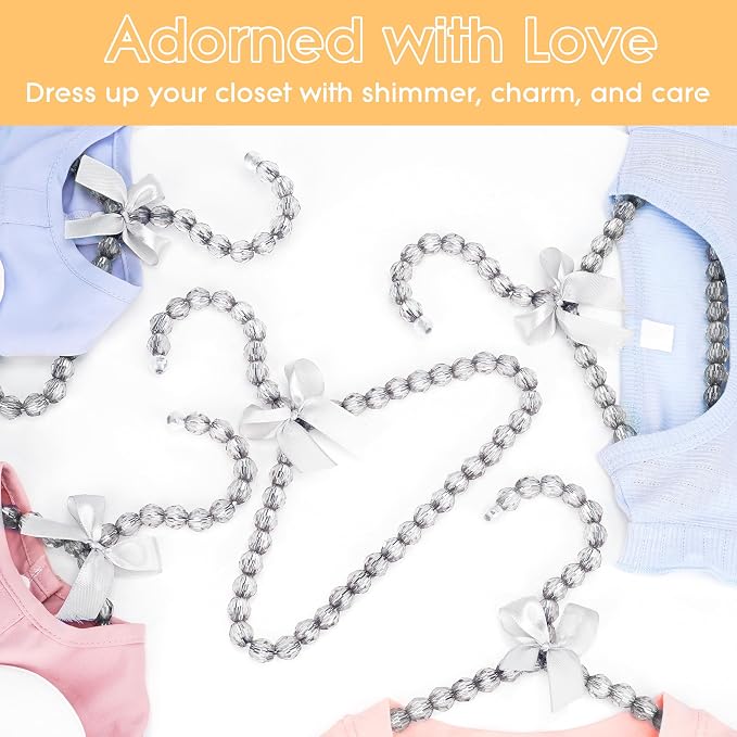 Mini Beaded Closet Hangers for Kid Clothes - Pack of 5, 7.8" Cute Organizers for Small Garments, Pet Outfits, Boutique Displays, Satin Bow Detail - Gentle Gray