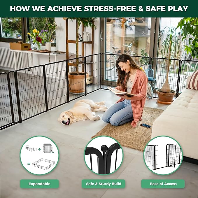 FXW Homeplus Indoor Dog Playpen, 40" H, 12 Panels, for Medium & Large Dogs | Stress-free play, Heavy-duty, Semi-open design, Easy setup, Threshold-free gate, Expandable, Patented