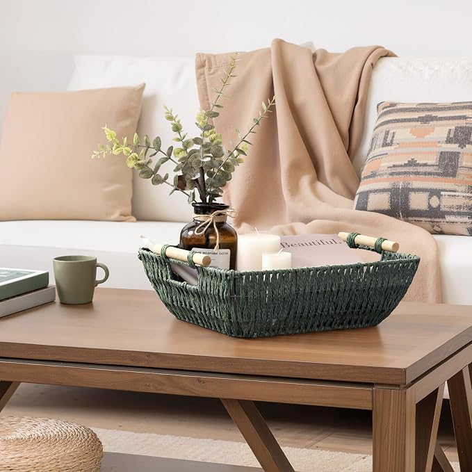 StorageWorks Large Wicker Basket, Woven Basket for Shelves, Bosana Green | Wicker Storage Baskets for Shelves, Baskets with Wooden Handles, 2-Pack Gifts Basket for Home Decor, Hand-Woven Basket