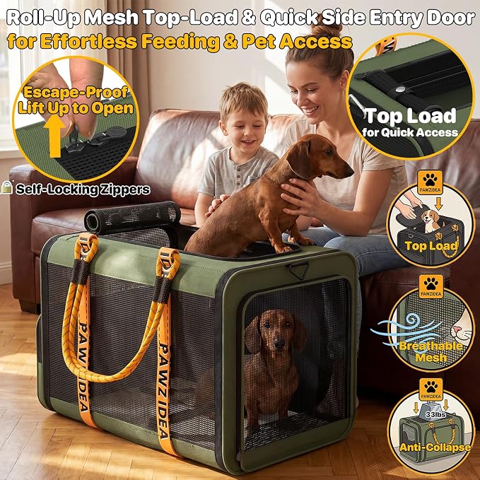 PAWZIDEA Expandable Large Pet Carrier with Wheels, 24x16x16 in Rolling Cat Carrier for 2–4 Cats up 55lb, Soft-Sided Collapsible Small Medium Dog Crate for Car Travel, Telescopic Handle, Storage Pocket