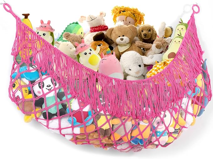 Stuffed Animal Hammock - Extra Large 63'' Long (Rose red) | Premium Cotton Hand-knitted, Beautiful Long Tassel, Storage Hanging Organizer, Can Fit Stuffed Animals 40 Piece or More