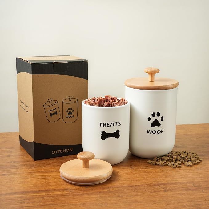Dog Treat Container Set of 2, Dog treat jar with Airtight Lid, Small dog food container, Dog Cookie Jar for kitchen Counter, Treats Canister, Pet Treat Container 8.3x4.9 & 7.1x4.3 (White)