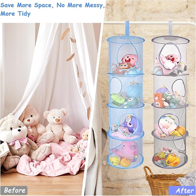 ChezMax Hanging Mesh Stuffed Animal Storage - 4 Tiers 2 Pack Large Stuffed Animal Net Organizer, Foldable Space Saver Bags Plushie Basket Organization Holder Room Bedroom Playroom Wardrobe Wall Grey