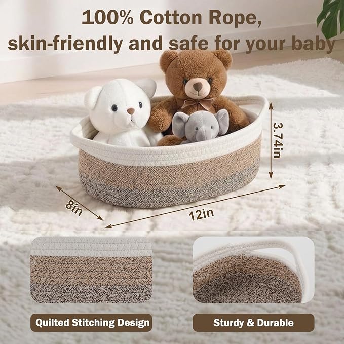 Basket for Gifts Empty, Small Woven Basket with Bags and Ribbons, Baby Toy Baskets with Handles, Wicker Storage Bin for Baby Showers or Pet Toy (White-Brown Gradient, 1 Pack (12"x 8"x 3.74"))