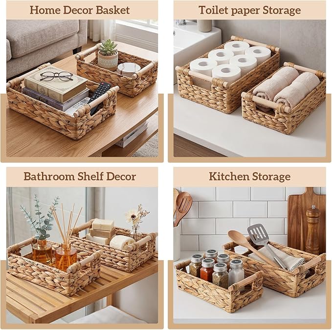 2 Pack Toilet Paper Storage Basket, Wicker Baskets for Bathroom, Water Hyacinth Baskets with Wooden Handles for over Toilet Storage Shelf, End Table, Shelves and More(Medium&small)