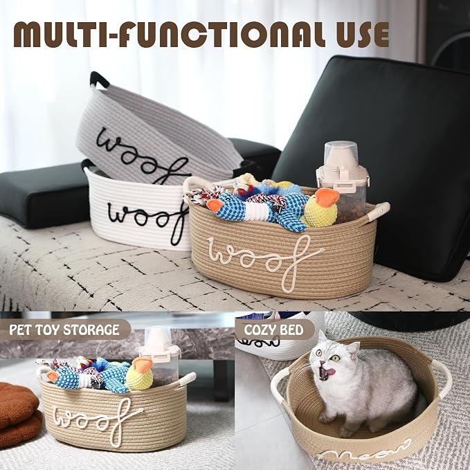 Sea Team Dog Toy Storage Basket with Handles, Beige Woof | Large Cotton Rope Storage Bin, Shelf Basket, Organizer for Pet Chew Toys, Foods, 16.5 x 11 x 7 Inches, 4.4 Gallons