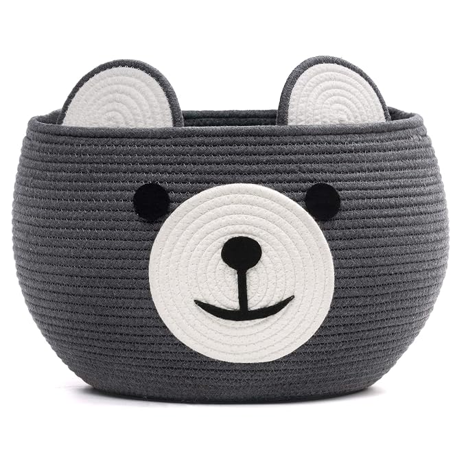 CherryNow Large Baby Basket for Gifts Empty, Cute Bear Design, Grey | 15.7" x 10.5" Baby Shower Basket With Handles, Cotton Rope Basket for Toys Diaper Caddys Storage, Fits Living Room Nursery