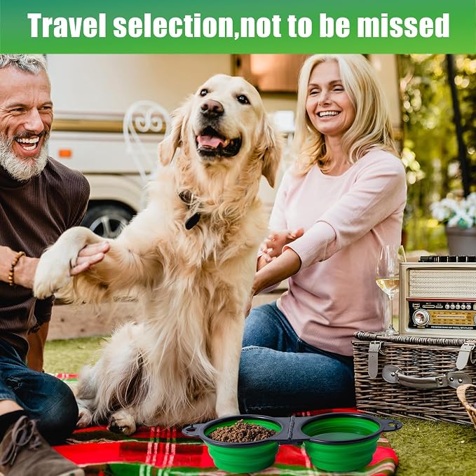 SLSON Collapsible Dog Dual Bowls Reinforced Rim 180 Degrees Flip Over Foldable Double Bowl with Lock Clips More Stable Dog Travel Bowls Pet Food Water Feeder (Green)