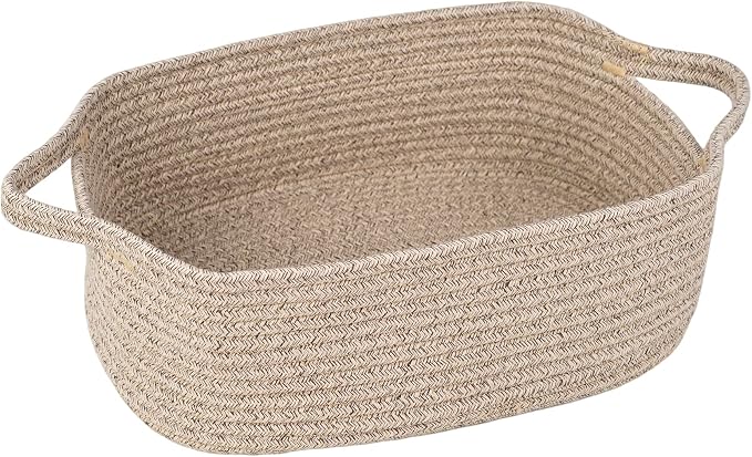 BOMINICA Cotton Rope Storage Basket with Handles, Natural Woven Basket, Decorative Rectangle Organizer Bin for Home, Nursery, Montessori, Pet Toy Storage and Bathroom Organization, LightBrown