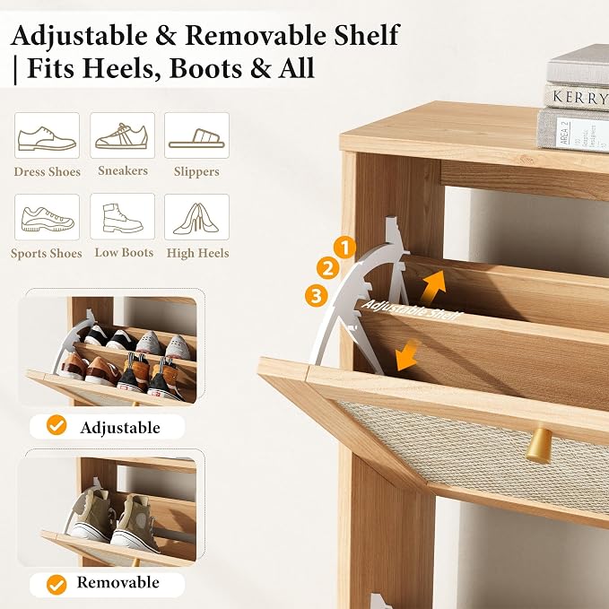 Modern Rattan Shoe Cabinet, 4 Flip Drawers & Adjustable Shelves, Ultra Slim Freestanding (9.5” Deep), Holds 24+ Pairs, Narrow Shoe Storage Cabinet with Anti-Tip Safety,Sun-Drenched Ambe