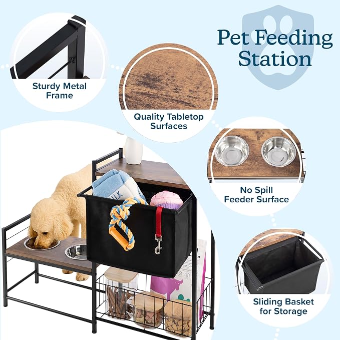 Elevated Dog Bowls with Storage - Elevated Dog Bowl Stand with 3 Adjustable Heights, Toy Bin Basket, and 2 Stainless Steel Bowls - Pet Feeding Station for Small to Large Breeds by PETMAKER (Black)
