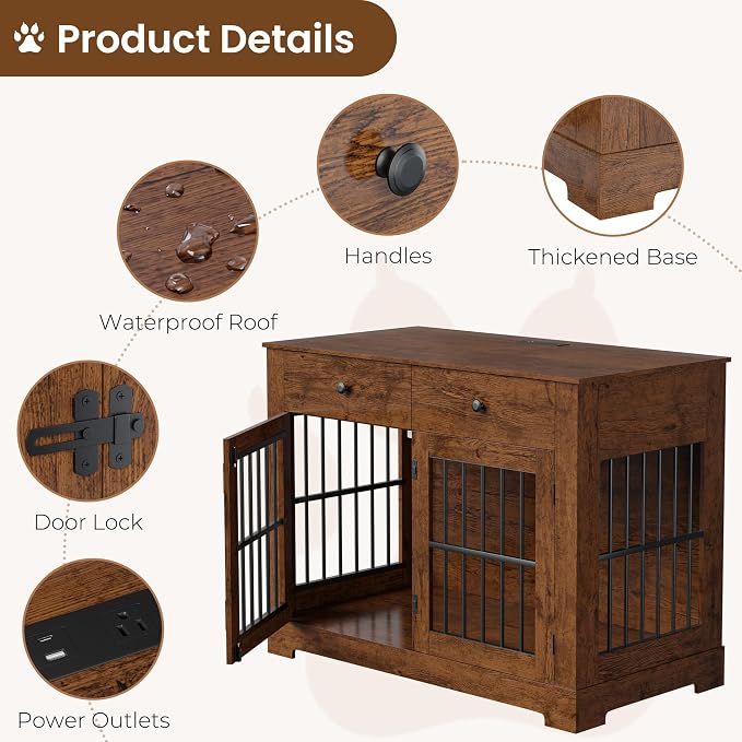 Dog Crate Furniture with Storage Dog Kennel w/2 Drawers, 44.5'' Heavy-Duty Wooden Dog House Indoor End Table Tv Stand with Charging Station Pet Cage for Small/Medium Dogs(Brown)